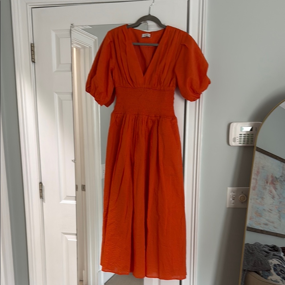 AYR Orange Maxi Dress with Puff Sleeves and V-Neck